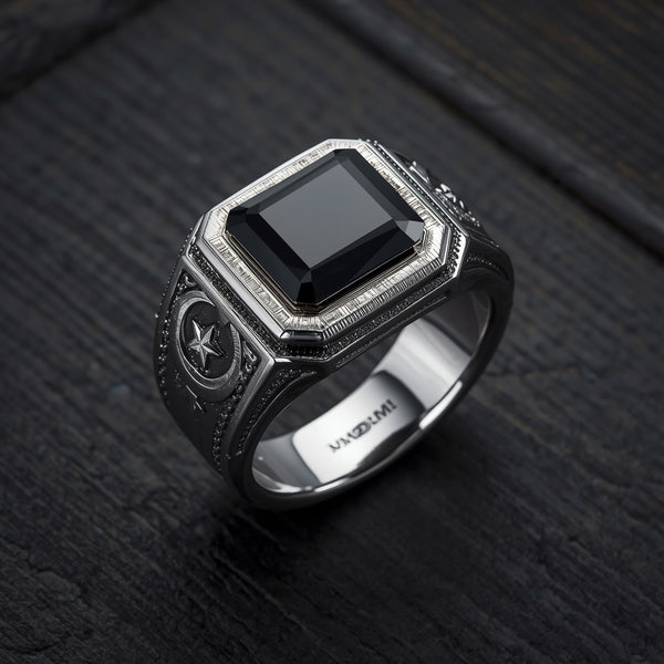 Eclipse Star Ring – Black Onyx with Crescent & Star Design