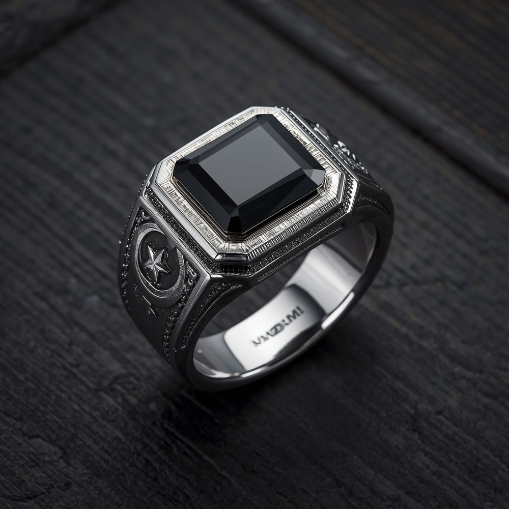 Eclipse Star Ring – Black Onyx with Crescent & Star Design